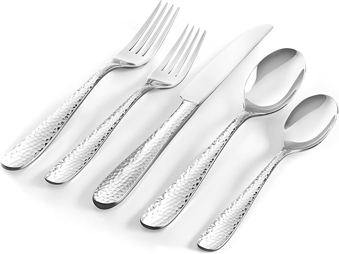 Hudson Essentials Premium 40 Piece Hammered Silverware Set, 18/10 Stainless Steel, Fine Flatware Service for 8 -Dishwasher Safe Bergamo Cutlery
