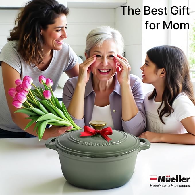 MUELLER HOME 7.5 Quart Enameled Cast Iron Dutch Oven For Sourdough Bread Baking, Heavy-Duty, Oven-Safe up to 500째 F & Across All Cooktops, Casserole Dishes, Green Kitchen Accessories, Thyme Green