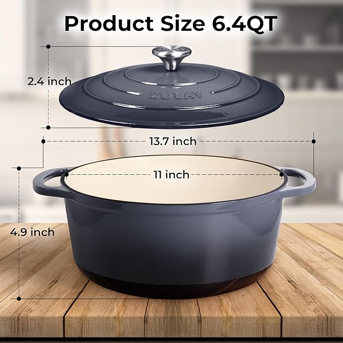 Zulay Kitchen 6 Quart Enameled Cast Iron Dutch Oven Pot with Lid ??Premium Durability & Oven Safe up to 500째F ??Heavy Duty Cookware Perfect for Bread Baking, Stews, Braising & Roasting ??Gray