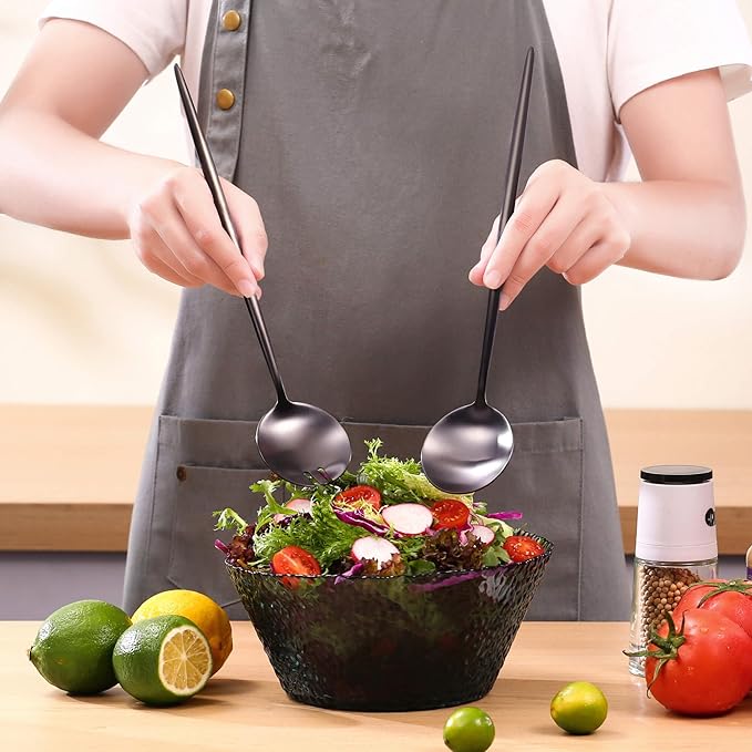Lemeya Black Salad Serving Utensils,Serving Spoons Stainless Steel,2Pcs Long Handle Salad Servers 11.42 Inch,Salad Utensils for Serving,Matte Finish,Dishwasher Safe