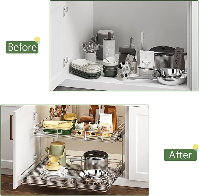 2 Tier Individual Pull Out Cabinet Organizer 28쩍" W x 21쩍" D, Heavy Duty Cabinet Pull Out Shelves, Slide Out Drawers Organization for Kitchen Cabinets Bathroom