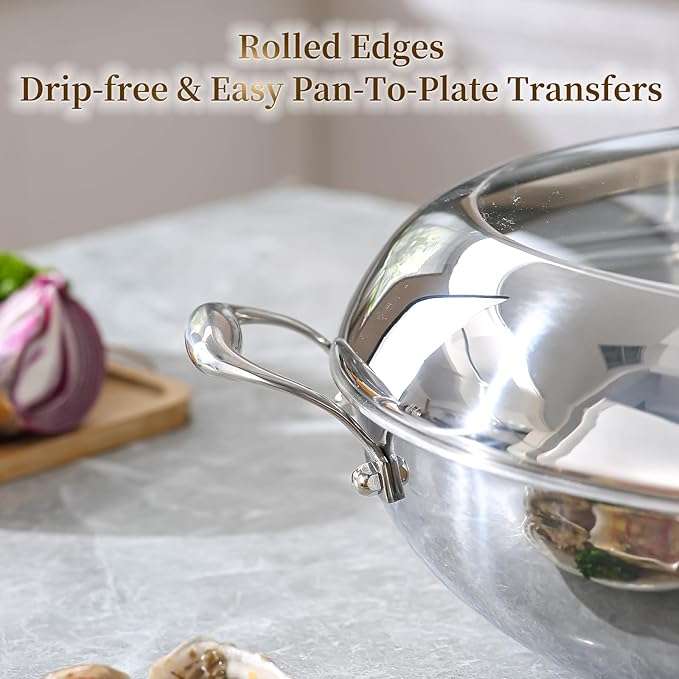 DELARLO Tri-Ply Stainless Steel Wok Pan with Lid 14inch, Healthy Non-Toxic Flat Bottom Induction Wok, Stir Fry Pan for Glass Top Stove Up to 600℉