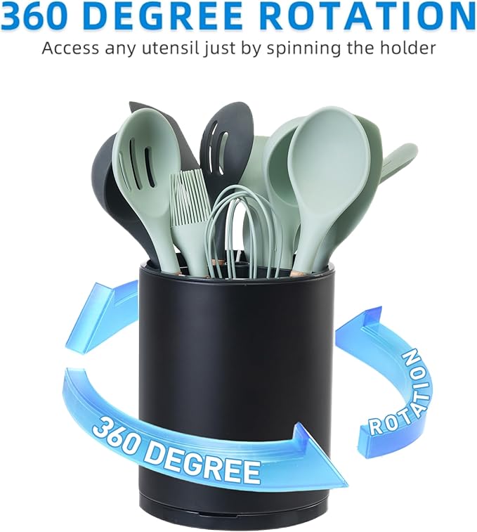 Kitchen Utensil Holder Extra Large Rotating For Counter Organizer Stainless Steel Storage Cooking Silverware Caddy 3 Compartment Flatware Spoon Spatula Tool Cutlery Container(2 Set Black)