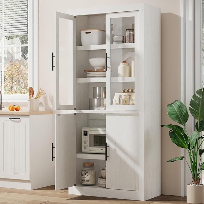 Tall Farmhouse Kitchen Pantry Cabinet, Wood Cabinet with 4 Doors & Adjustable Shelves, Sturdy Frame, Anti-Tip Design, Bookcase for Kitchen/Dining/Office, 70.45 Inches, White
