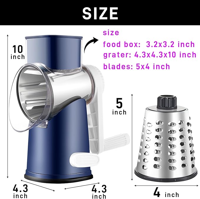 Weltonhm Rotary Cheese Grater with 4 Blades, Hand Crank Cheese Grater with Waffle Slicer, Black and White Cheese Slicer with Suction Base, Easier for Shredding& Grating (Blue, 4 Graters)