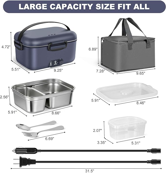 Electric Lunch Box Food Warmer 1.8L - 100W Mechanical Temperature Control Heated Lunch Box for Adults, 12V/24V/110V Fast Heating Lunchbox Food Heater for Work/Car/Truck, Fiambrera el챕ctrica port찼til