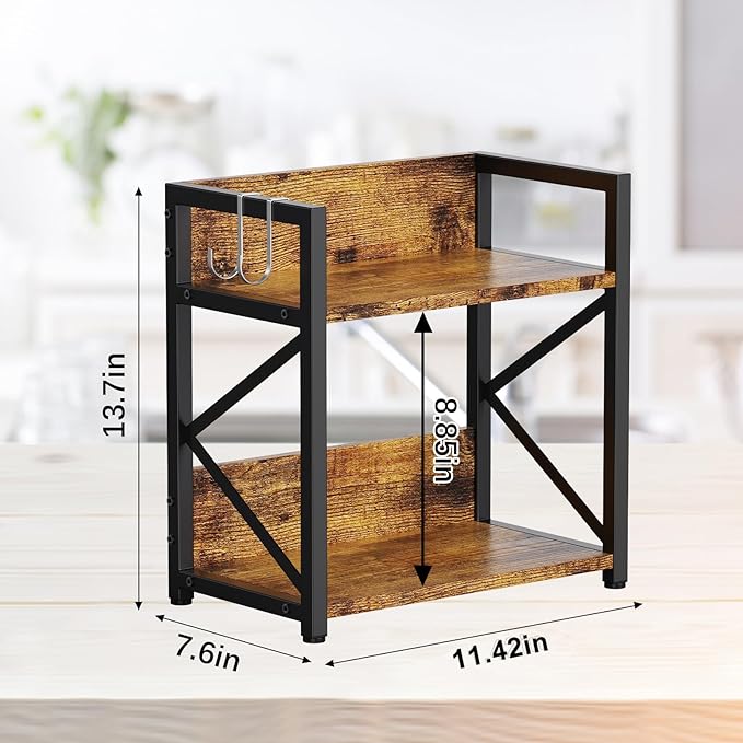 Spice-Rack-Organizer-Shelf for Kitchen Counter, 2 Tiers Coffee Bar Station Organizer for Countertop竊똕pace Saving Desk Shelving Riser Unit (Rustic Brown, Small)
