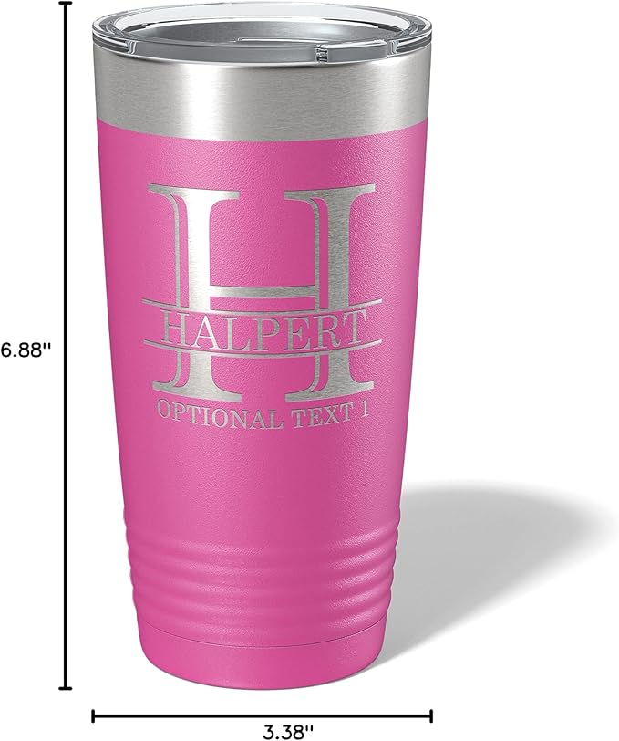 Personalized 20oz (17 Colors) Powder Coated Insulated Stainless Steel Tumbler with Lid, Custom Etched, Customized Engraved Gift Idea for Women Men Her Him, Halpert Monogram Initial Name (Pink)