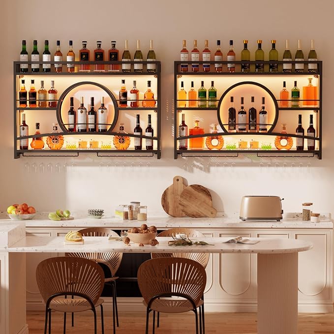 Boshen 3-Tiers 46in Wine Rack Wall Mounted with LED Light, Sunset Shape Hanging Bar Liquor Wall Shelves with Glass Holder Metal Display Rack for Kitchen Coffee Dining Room Home, No Assembly Required