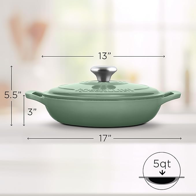 Signature Enameled Cast Iron Braiser, Non-Stick Serving Pot with Tight Fitting Lid for Perfect Roasting, Baking, Sauteing, Searing, and Pan Frying | 5Q (4.7L) - Sage