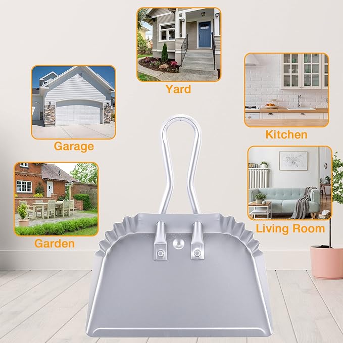Mumufy 4 Pack 12 inch Heavy Duty Metal Dustpan Large Wide Dust Pans for Household Handheld Wide Scooper and Debris Cleaning Tool Ideal for Home and Commercial Use (Silver)