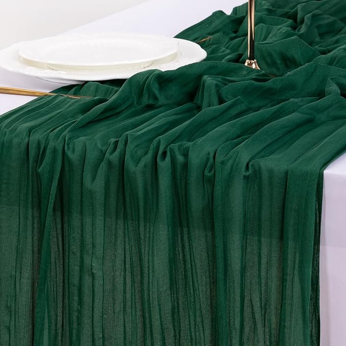 Socomi 10pcs Emerald Green Cheesecloth Table Runner Valentine's Day Boho Rustic Gauze 120 inch 10FT Cheese Cloth Runner for Wedding Party Baby Shower Birthday Home Decor Holiday Decorations