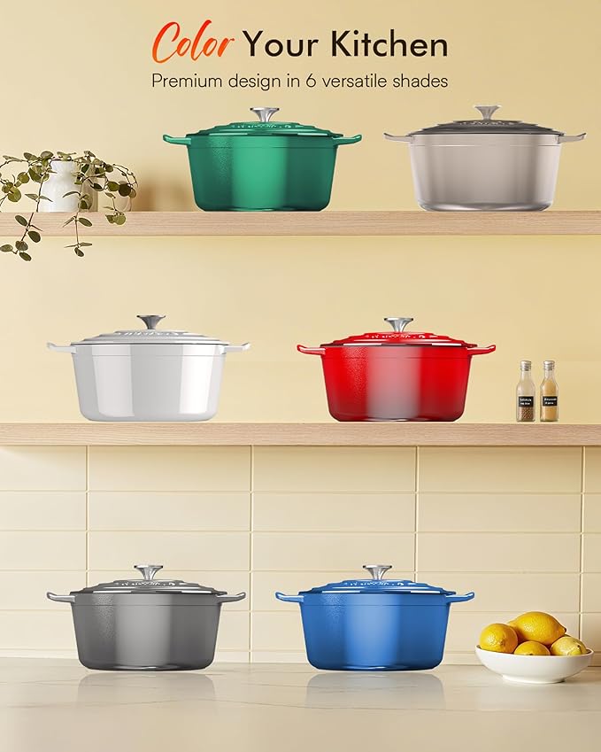 Nuwave 6QT Healthy Enameled Cast Iron Dutch Oven Pot with Lid, Heavy Duty 7-Layer Enamel, Enhanced Rust Protection, Dual Handles, Oven Safe to 500째F for Sourdough Bread Baking, Braise, Stew, Roast