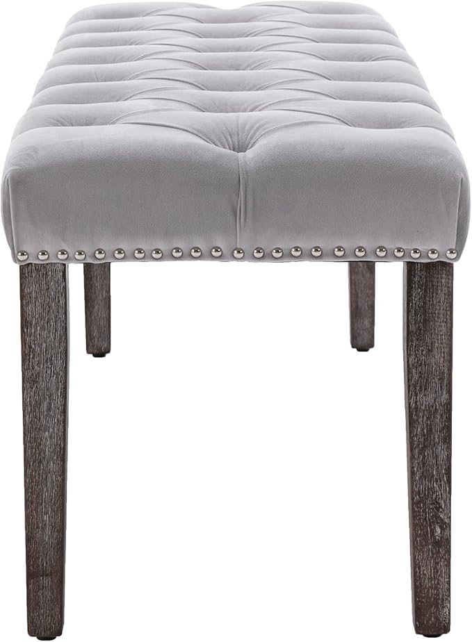 KCC Button-Tufted Ottoman Bench, Upholstered Bedroom Benches Velvet Footrest Stool Accent Bench for Entryway Dining Room Living Room Bedroom End of Bed, Gray