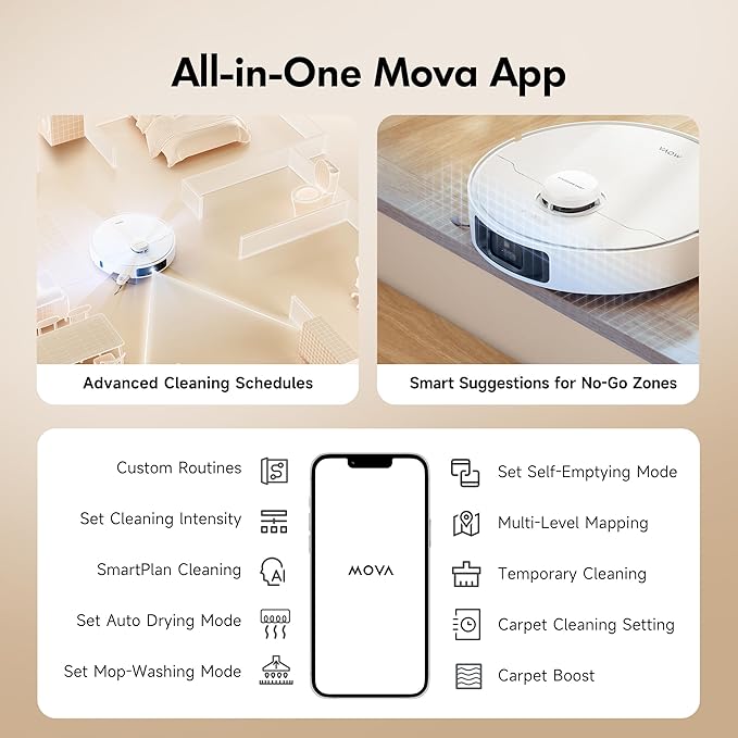 Mova P10 Pro Ultra Robot Vacuum and Mop 13,000Pa Suction, 140째F Hot Water Auto Mop Washing & Drying, Dual Spinning Extenable Mop,10.5mm Lifting for Carpet, 360째Obstacle Avoidance, App Control