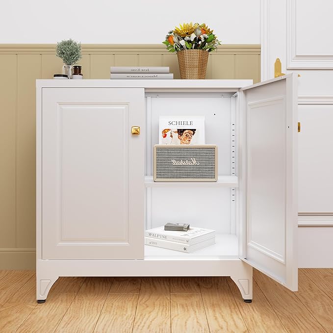 Sideboard Buffet Cabinet, 33" H Sideboard Buffet Storage Cabinet with Doors and Shelves, Coffee Bar, Metal Side Board Cabinets for Living Room, Assembly Required, White