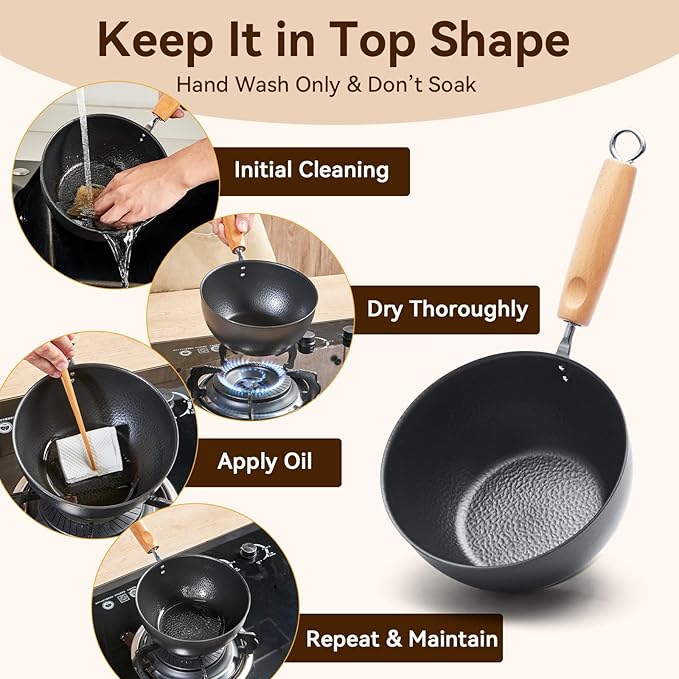 WANGYUANJI 7.1 Inch Hammered Iron Saucepan with Glass Lid, Removable Beechwood Handle, Small Milk Pot for Boiling, Simmering, Heating ??Non-Coated, Stovetop Compatible
