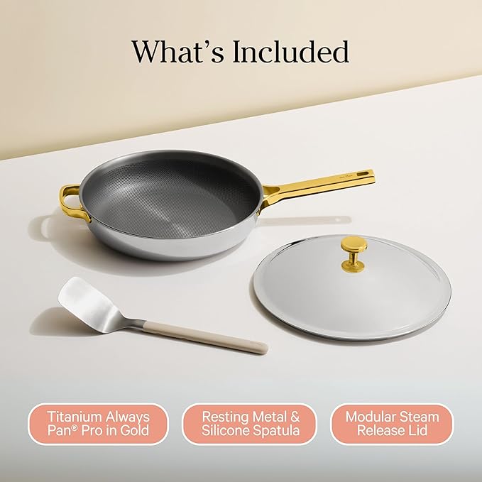 Our Place Titanium Always Pan Pro | 10.6" PFAS-Free Nonstick Frying Pan with Spatula | Chef-Grade Tri-Ply Stainless Steel & Aluminum Build | Induction & Oven-Safe up to 750째F | Gold