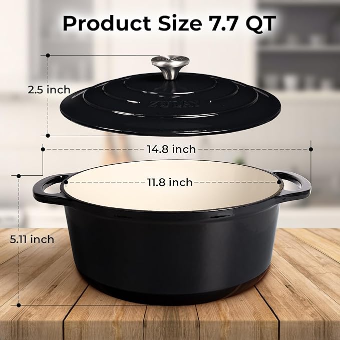 Zulay Kitchen 7.7 Quart Enameled Cast Iron Dutch Oven Pot with Lid ??Premium Durability & Oven Safe up to 500째F ??Heavy Duty Cookware Perfect for Bread Baking, Stews, Braising & Roasting ??Black