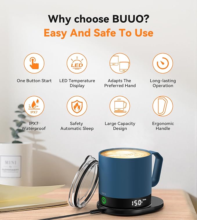 Heated Coffee Mug Rechargeable - Temperature Control Self Heating Coffee Mug 14oz with Lid, Double Sided & Real-Time LED Display, Hot up to 150?? Birthday Gifts for Women and Men(Blue)