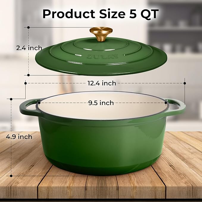 Zulay Kitchen 5 Quart Enameled Cast Iron Dutch Oven Pot with Lid ??Premium Durability & Oven Safe up to 500째F ??Heavy Duty Cookware Perfect for Bread Baking, Stews, Braising & Roasting ??Green