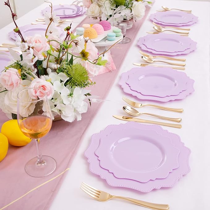 COLOSUS 60Pcs Lavender Purple Plastic Plates set,Heavy Duty Purple Disposable Plates include 30 Dinner plate 10.5??and 30 Salad/Dessert Plate 8.25??for Party and wedding