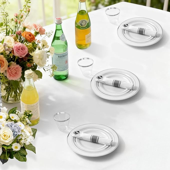 癤?75 Piece Silver Dinnerware Set,25 Silver Rim Plastic Plates, 25 Cups,25 Pre Rolled Napkins with Plastic Silverware, Disposable Dinnerware Set for 25 Guest