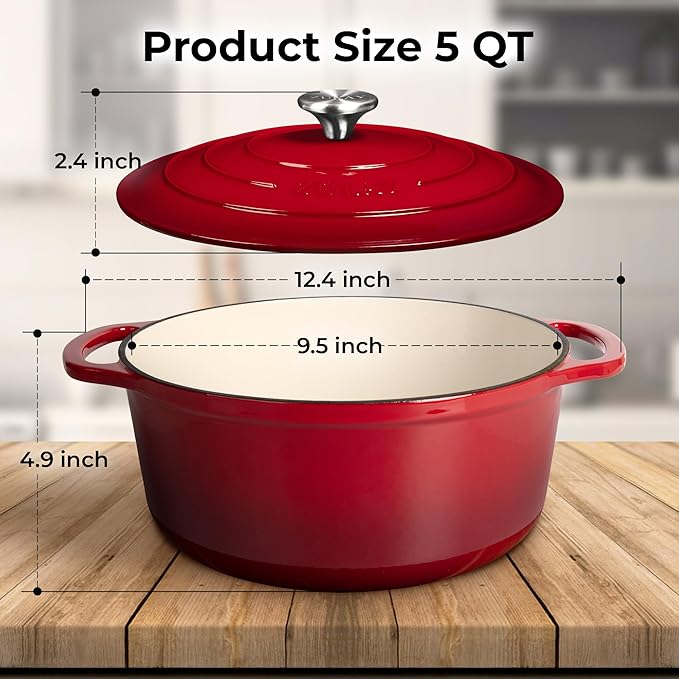 Zulay Kitchen 5 Quart Enameled Cast Iron Dutch Oven Pot with Lid ??Premium Durability & Oven Safe up to 500째F ??Heavy Duty Cookware Perfect for Bread Baking, Stews, Braising & Roasting ??Red