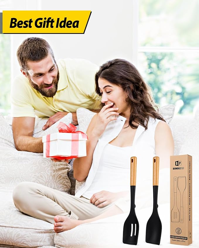 Pack of 2 Large Silicone Cooking Spoons, Heat Resistant Non Stick Kitchen Utensils with Wooden Handle, Ideal for Mixing, Stirring, Serving, Cooking(BLACK)