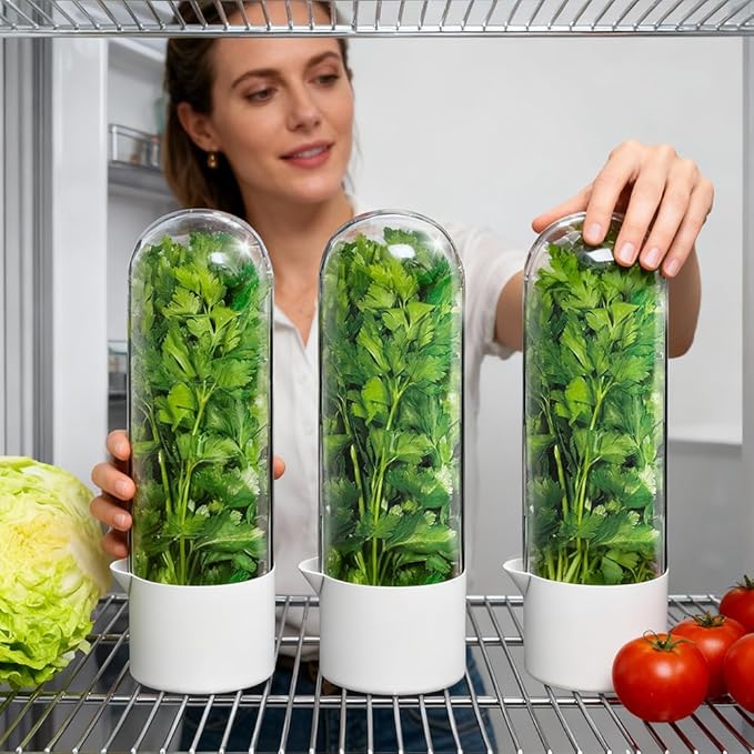 2 Pack Herb Keeper for Refrigerator, Clear BPA-Free Fresh Herb Saver, Fridge Storage Container for Cilantro, Parsley, Thyme, Mint & Asparagus for 2-3 Weeks