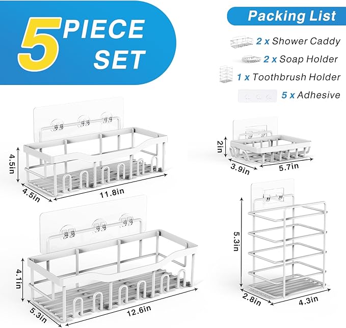 EUDELE 5-Pack Rustproof Stainless Steel Shower Caddy ??No Drill Adhesive Bathroom Organizer with Large Capacity, Spacious Shower Shelves for Inside Shower, Kitchen & Home Decor Storage-XL Size
