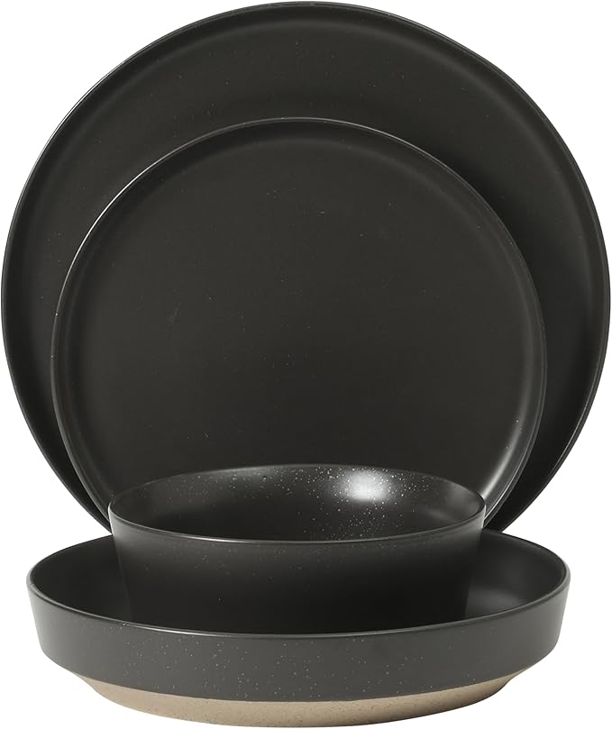 Gibson Elite Overbrook 16-Piece Pottery Clay Stoneware Dinnerware Set ??Black Reactive Glaze, Stackable Plates and Bowls W/Pasta Bowl, Service for 4 ??Microwave & Dishwasher Safe