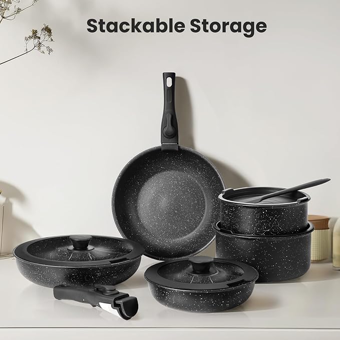 12 Pcs Pots and Pans Set, Nonstick Kitchen Cookware Sets Detachable Handle, Induction Healthy Non Stick RV Cookware, Dishwasher 竊?Oven Safe, Black