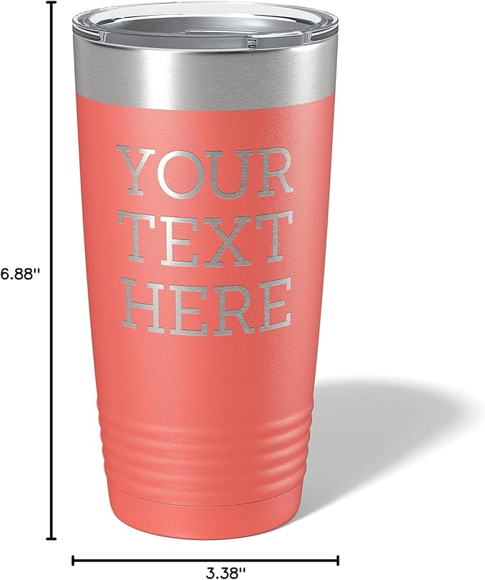 Personalized 20oz (17 Colors) Powder Coated Insulated Stainless Steel Tumbler with Lid, Custom Etched, Customized Text Message Name, Engraved Gift Idea Women Men Him Her, Your Text Here (Coral)