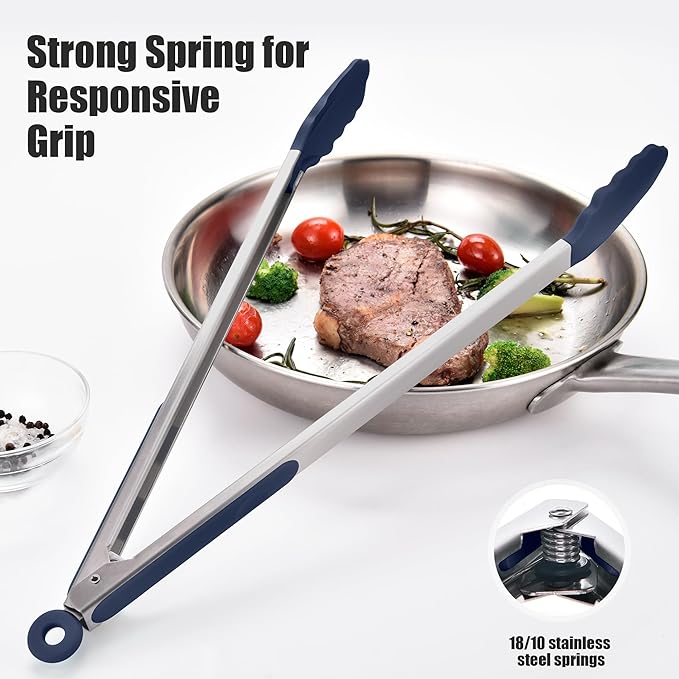 Doosu Kitchen Tongs for Cooking - 600째F Heat Resistant Food Tong with Non-Scratch Silicone Tips, Heavy Duty Stainless Steel Locking Tong for BBQ, Grilling Steak, Serving Salad Pasta (16in, Navy Blue)