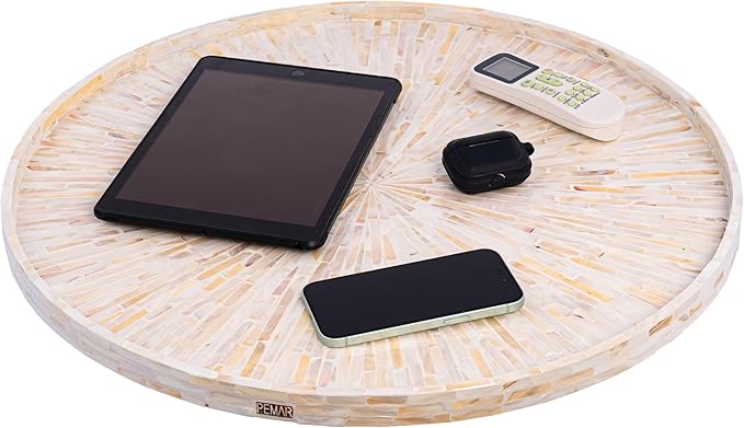 PEMAR 22" Round Mother of Pearl Extra Large Ottoman Tray with Raised Edge, Oversized Decorative Luxury Wooden Serving Tray for Food, Coffee Table, Breakfast in Bed (White Cream Sunlight)