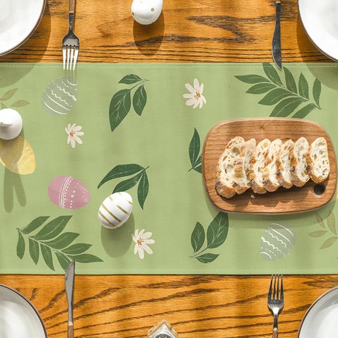 Artoid Mode Green Bunny Eggs Leaves Flowers 210 GSM Easter Table Runner, Seasonal Spring Kitchen Dining Table Decoration for Home Party Decor 13x72 Inch