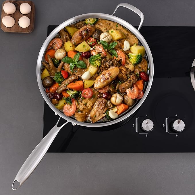 LOLYKITCH Whole Body Tri-Ply Stainless Steel 5.5 QT Saut챕 Pan with Lid,12 Inch Deep Frying Pan,Jumbo Cooker,Dishwasher and Oven Safe,Detachable Handle.