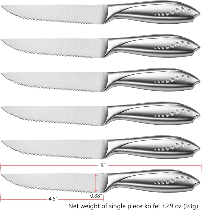 WELLSTAR Serrated Steak Knife Set of 6, Razor Sharp German Steel Blade 4.75 inch and Comfortable Stainless Steel Hollow Handle Durable Diner Table Knives Pack for Home Restaurant