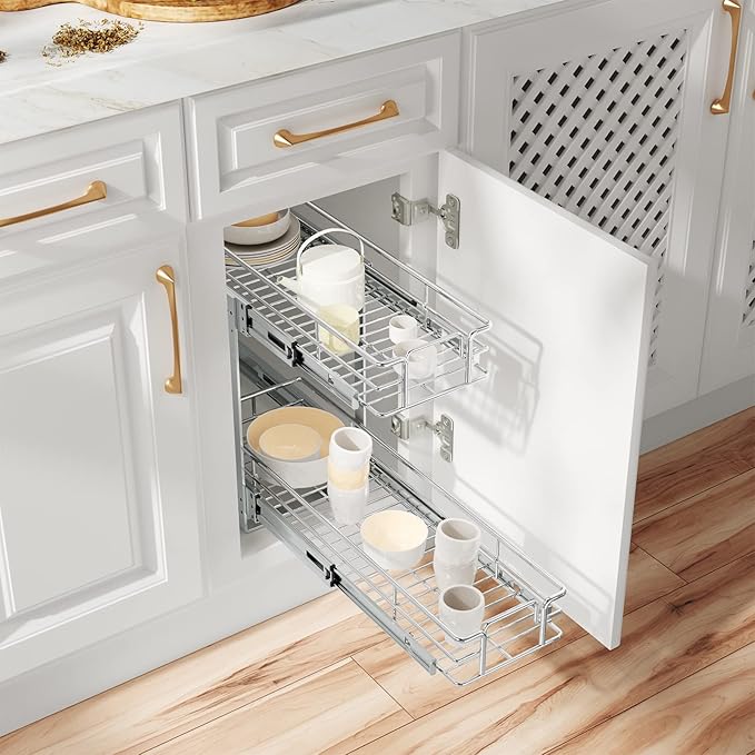 ROOMTEC Individual Pull Out Cabinet Organizer (5쩍"W x 21쩍"D), 2 Tier Spice Rack Organizer for Cabinet, Slide Out Drawer Pantry Shelf Organization and Storage for Kitchen Bathroom