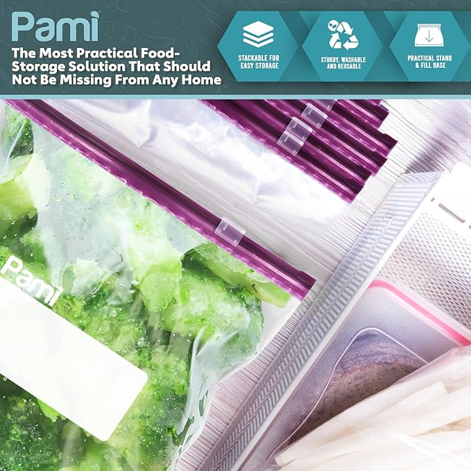 PAMI Leakproof Reusable Slider Freezer Bags with Expandable Bottom and Write-On Label, Thick Storage Bags (Gallon 40 Clear)