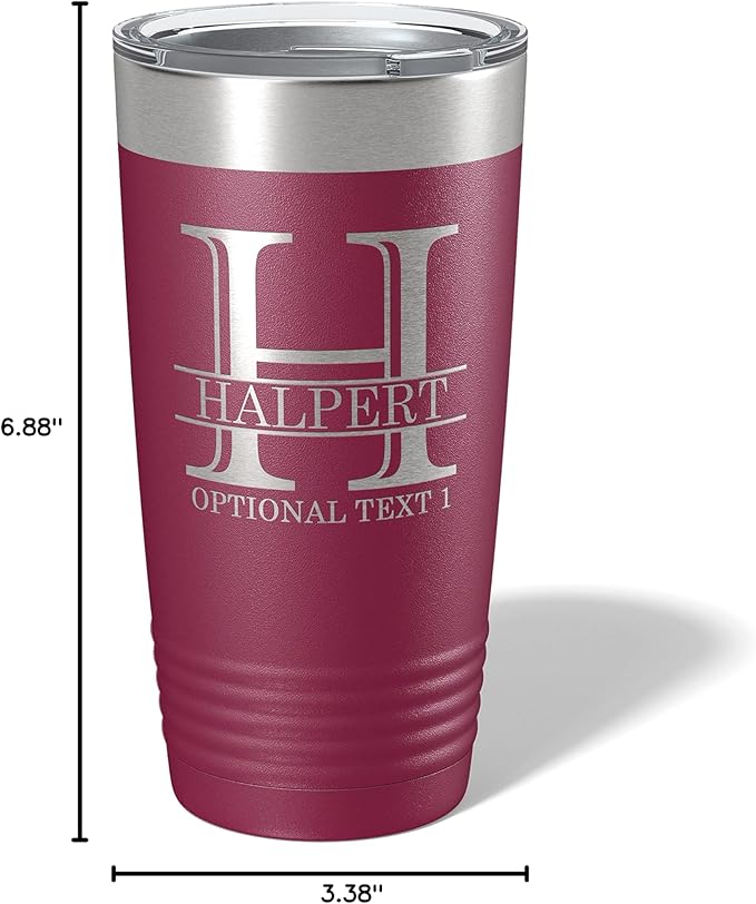 Personalized 20oz (17 Colors) Powder Coated Insulated Stainless Steel Tumbler with Lid, Custom Etched, Customized Engraved Gift Idea for Women Men Her Him, Halpert Monogram Initial Name (Maroon)