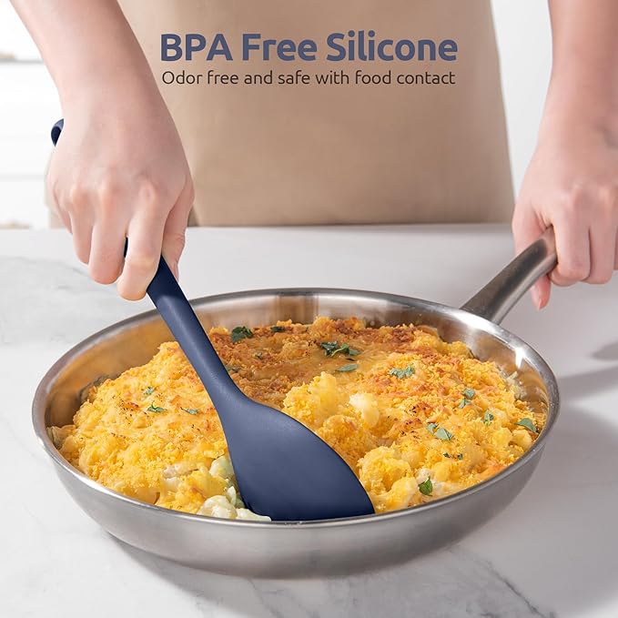 600쨘F Heat Resistant Silicone Spoon: U-Taste 13.3in Solid Kitchen Cooking Spoon, Nonstick Food Grade Large Soup Rubber Utensil for Mixing, Serving, Stirring, Basting, for Pot Cookware (Midnight Blue)