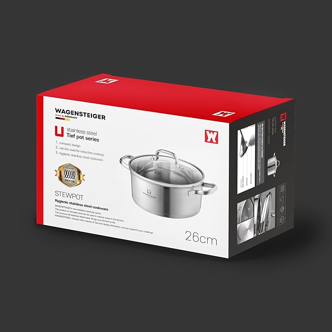 4.3 Quart Casserole Pot/Dutch Oven/Saute Pan, 3-Ply Stainless Steel with Aluminum Core, Tempered Glass Lid, Ergonomic Handles, All Cooktops Compatible (9.84" Diameter Casserole)