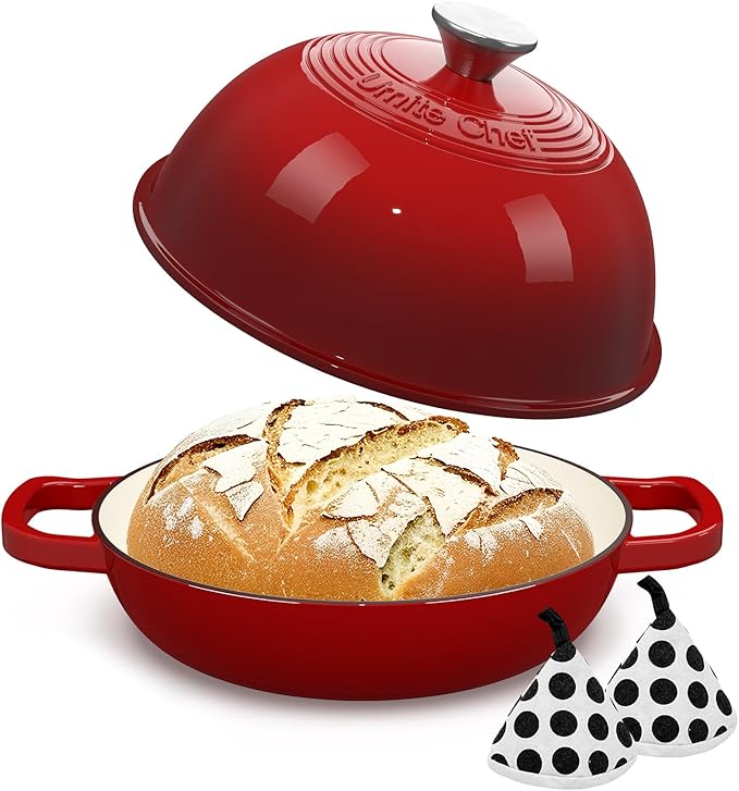 Enamelled Cast Iron Dutch Oven Pot ??Dutch Oven Pot with Lid For Sourdough Bread Baking ??Cast Iron Bread Oven ??Red, Umite Chef 6QT Pot with Lid & Cotton Potholders