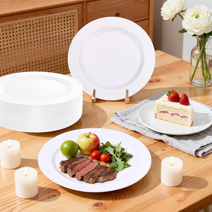 bUCLA 100PCS White Plastic Plates-10.25inch Disposable Dinner Plates-Premium Party&Wedding Plates