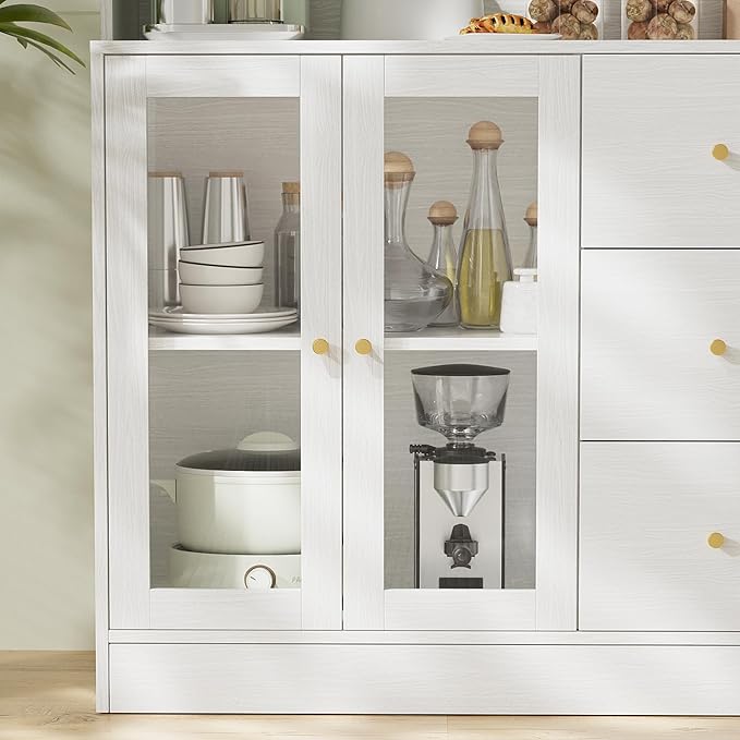 VOWNER Large Kitchen Hutch Cabinet, Kitchen Pantry Storage Cabinet with 6 Glass Doors, 3 Drawers & Microwave Shelf, Freestanding Cupboard for Open Storage (White)
