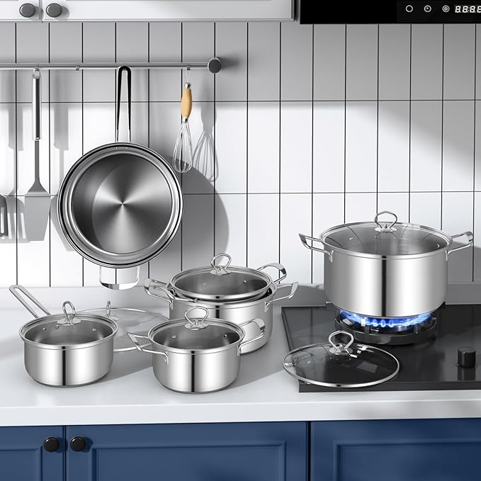 COSTWAY 12 Piece Stainless Steel Cookware Set, Pots and Pans Set with Stock Pot, Frying Pans, Saucepan, 6 Glass Lids, Induction Compatible, Kitchen Cookware Sets for Home, Silver (12 Piece)