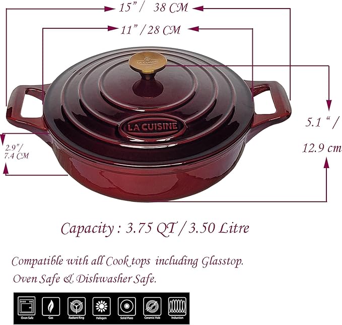 La Cuisine Cast Iron Braiser Shallow Dutch Oven Braising Saute Pan 3.75 QT 11" Dia. Internal Matte Black Enamel Coating, Oven Safe up to 500째 F Cranberry