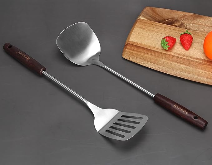 15 inch Large Spatula Slotted Turner Soup Ladle 304 Stainless Steel Wok Spatula Set Slotted Spoon for Cooking Utensils Set Long Wooden Handle Ladles Kitchen Metal Spatulas Cooking Spoons